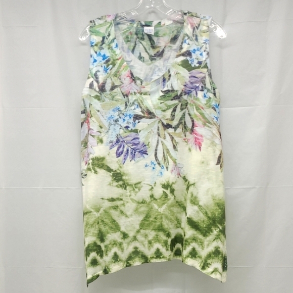 Tank Top Tunic Hip Length Sleeveless Pastel Floral Print On White Lace Trim EUC - Picture 1 of 11